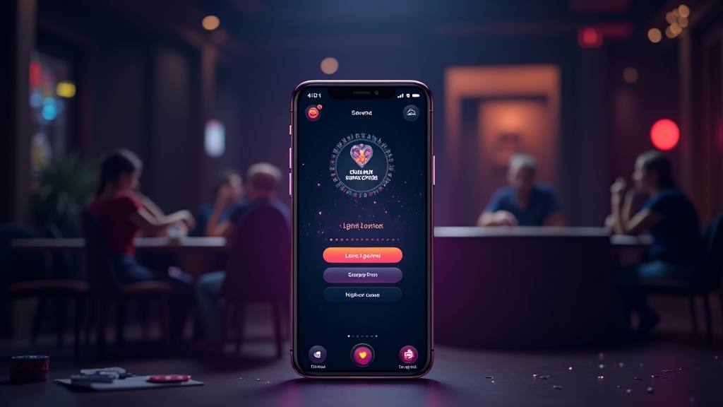 A logged-in mobile app dashboard with casino-style lighting and account panels.