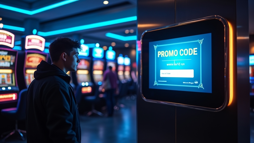 Casino lobby screen showing a promo code box and bonus banner in neon light