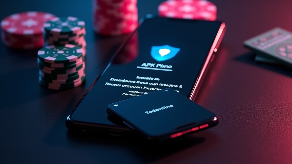 An Android phone showing a secure APK install prompt in a casino-style scene.