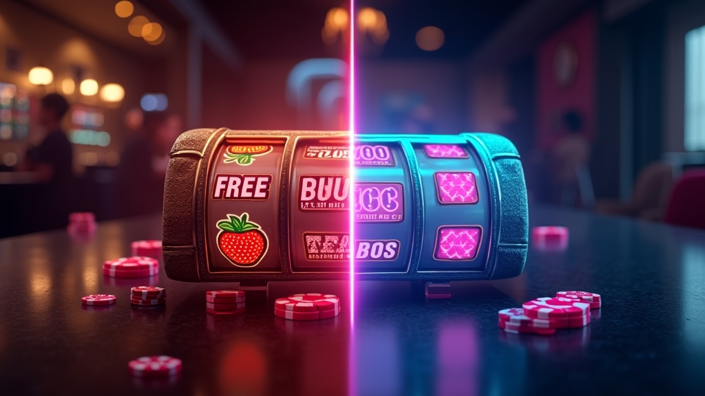 Split casino scene comparing free bonus and deposit welcome offer