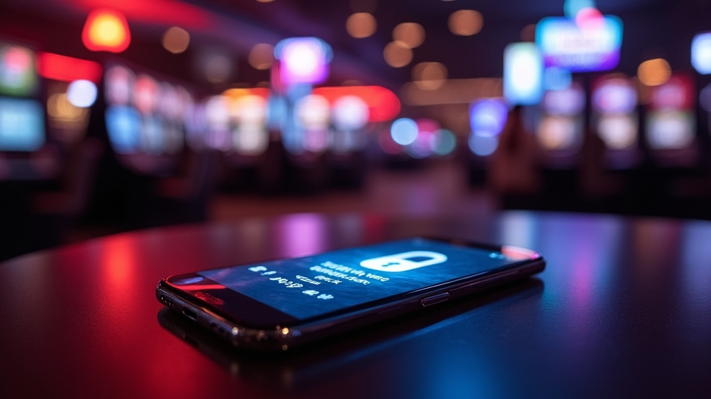 A smartphone showing a secure app download screen in a dark casino setting.