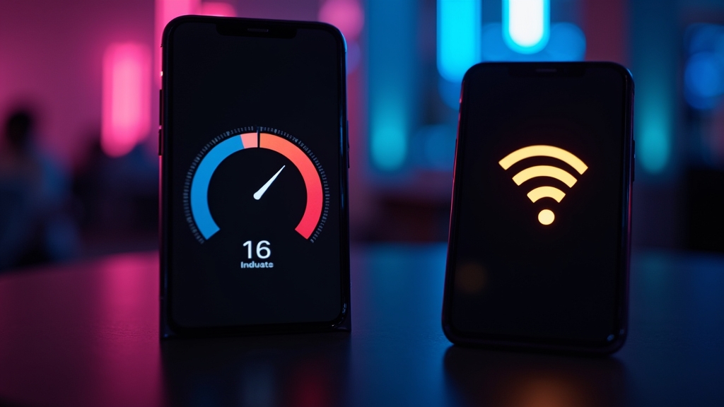 Two phones showing stable mobile performance and connection indicators in a casino scene.