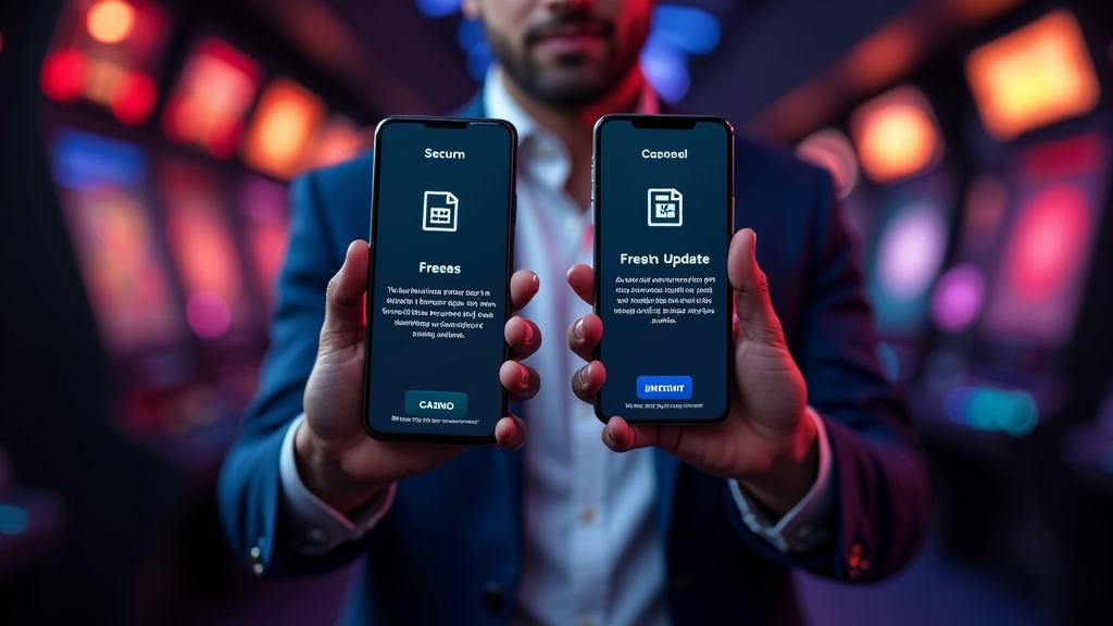 A mobile user comparing old app files with a fresh update in a casino-themed scene.